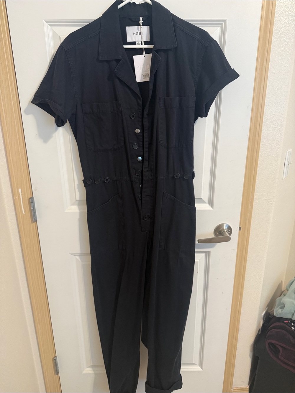 pistola Black Short-Sleeve Button-Front Utility Jumpsuit